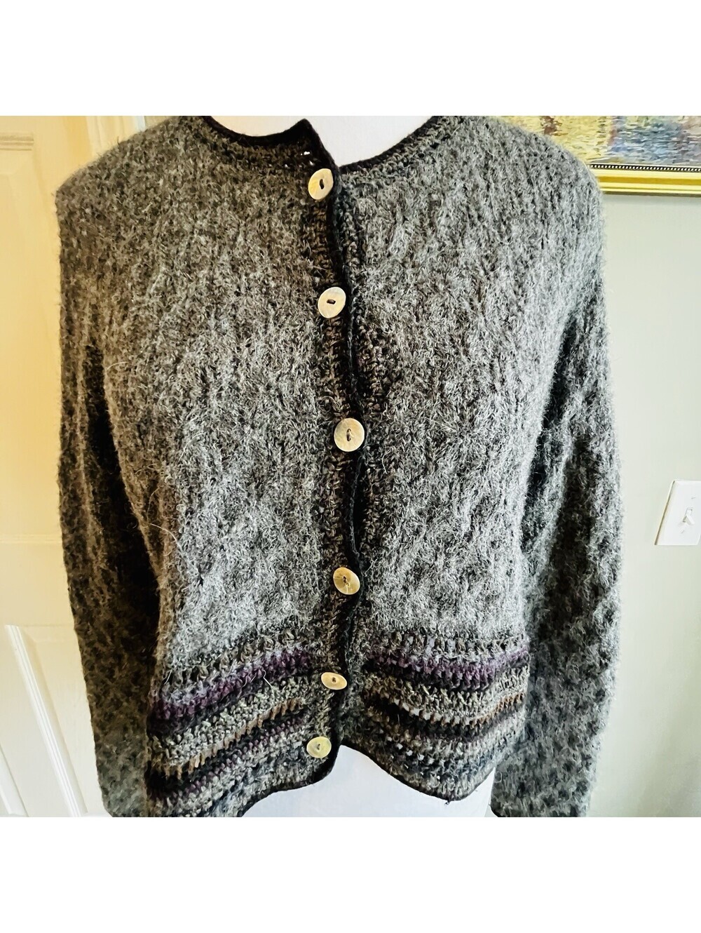 Peruvian Connection Alpaca Pima Cotton Wool Cardigan Womens XS Grey Purple - Picture 2 of 11